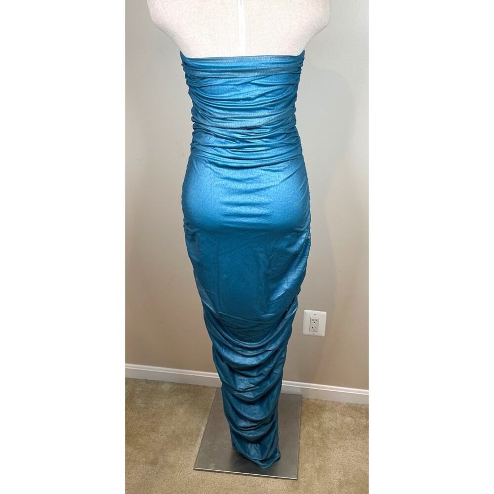 BAOBAB Magalenha Metallic Ruched Strapless Bodycon Sea Blue Maxi Dress Size M - Picture 5 of 7